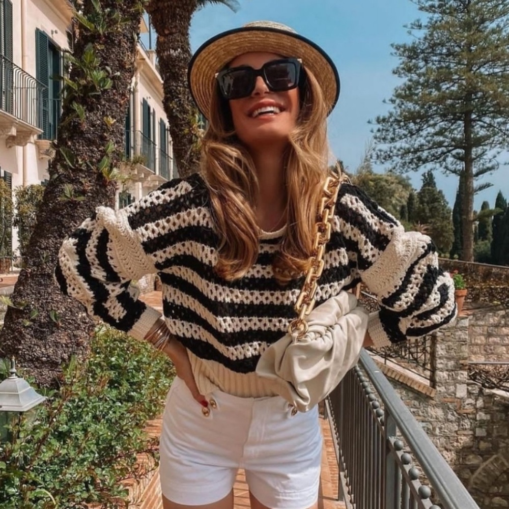 ZARA LIMITED EDITION XL Striped OPENWORK KNIT Boho Sweater BLACK/WHITE Knitted - Picture 2 of 6